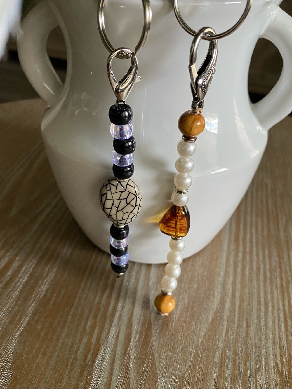 Beaded Keychain Pair - Black & Pearl with Amber Accent